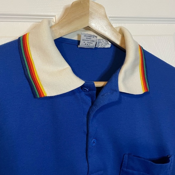 VTG Sea Waves blue ‘Hawaii’ polo shirt w/ rainbow collar & sleeve detail sz L - Picture 4 of 11